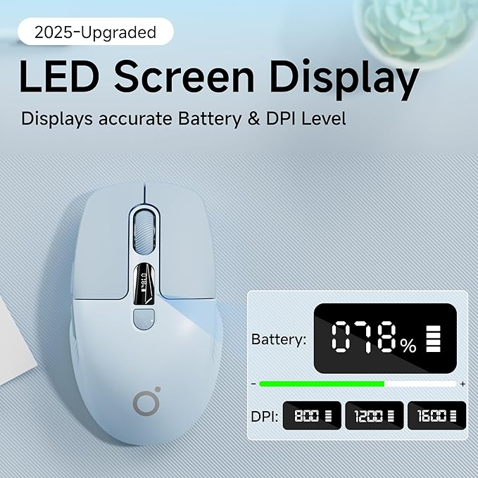 EWEADN Q1 Wireless Bluetooth Mouse, BT & 2.4G Computer Mouse with Battery & DPI LED Screen Display, Type-C Rechargeable with 1600 DPI Levels, 6 Button Silent Ergonomic Mouse for Laptop/PC/Mac-Blue