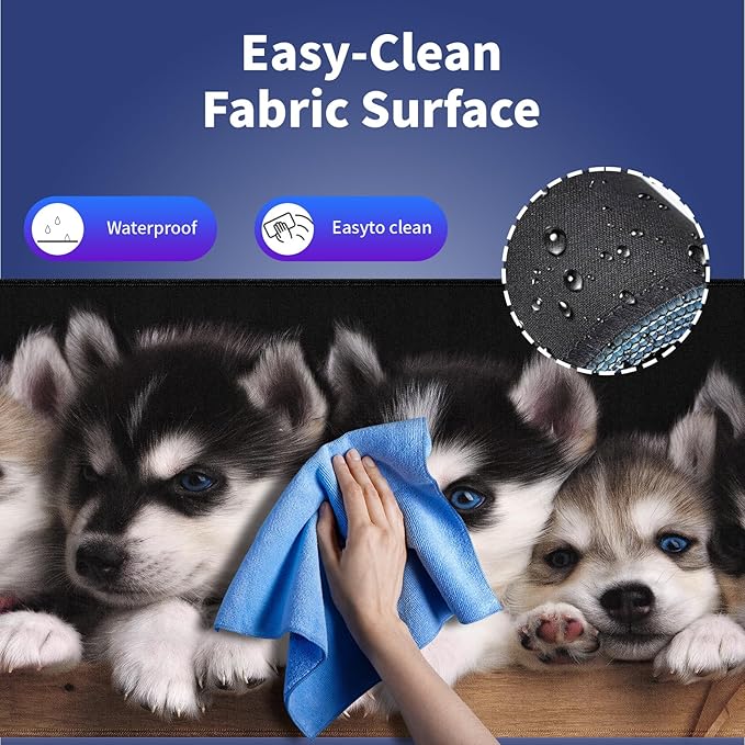 Extra Large Gaming Mouse Pad (31.5" x 11.8") with Durable Stitched Edges – Adorable Siberian Husky Puppies in Wooden Crate, Anti-Slip Rubber Base & Smooth Fabric Surface Extended XXL Desk Mat