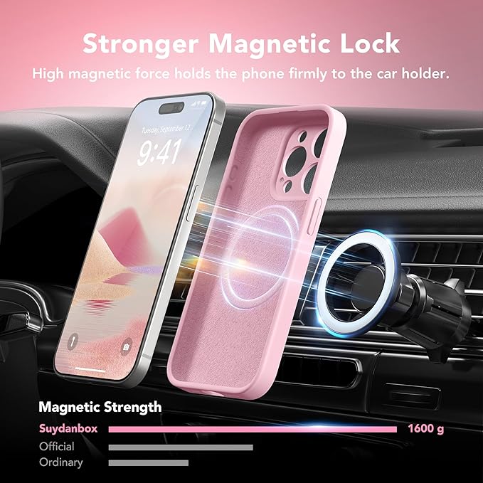 Magnetic for iPhone 15 Pro Case, Compatible with MagSafe, [Full Camera Protection][Screen Protector] Silicone Shockproof Protective Phone Case for iPhone 15 Pro 6.1", Chalk Pink