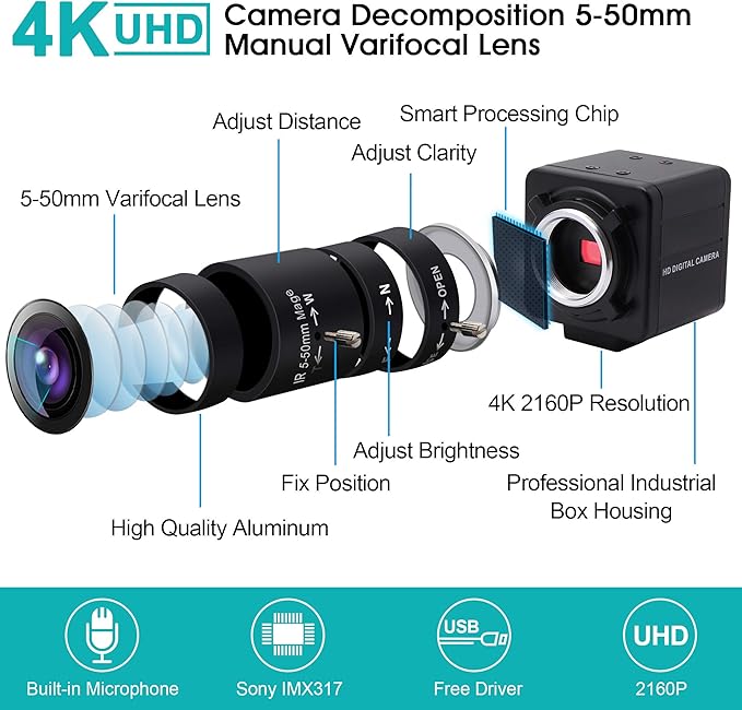 USB Camera 4K Ultra HD Webcam with 5-50mm Varifocal Lens USB Camera High Resolution 3840P Optical Web Camera,Manual Zoom Conference Webcam Support OPENCV on Mac/Window/Linux