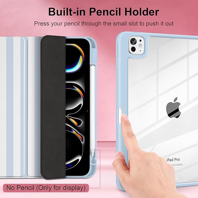Case for iPad Pro 13 inch (M5) 2025 (M4) 2024 Release with Pencil Holder - Cute Preppy Coastal Design Aesthetic Blue White Striped Trifold Cover with Soft Bumper, Clear Back, Auto Sleep/Wake
