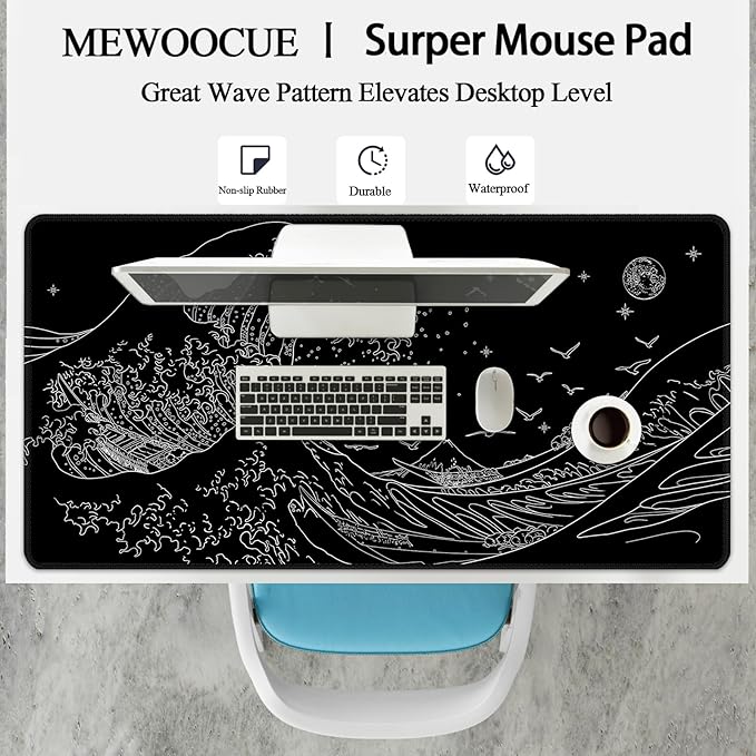 MEWOOCUE® Large Gaming Mouse Pad for Computer,Black Japanese Sea Wave Anime Mouse Mat,Long XXL Waterproof Keyboard Pads,Big Non-Slip Mouse Pads for Game Office Home（47.2 x 23.6 in）