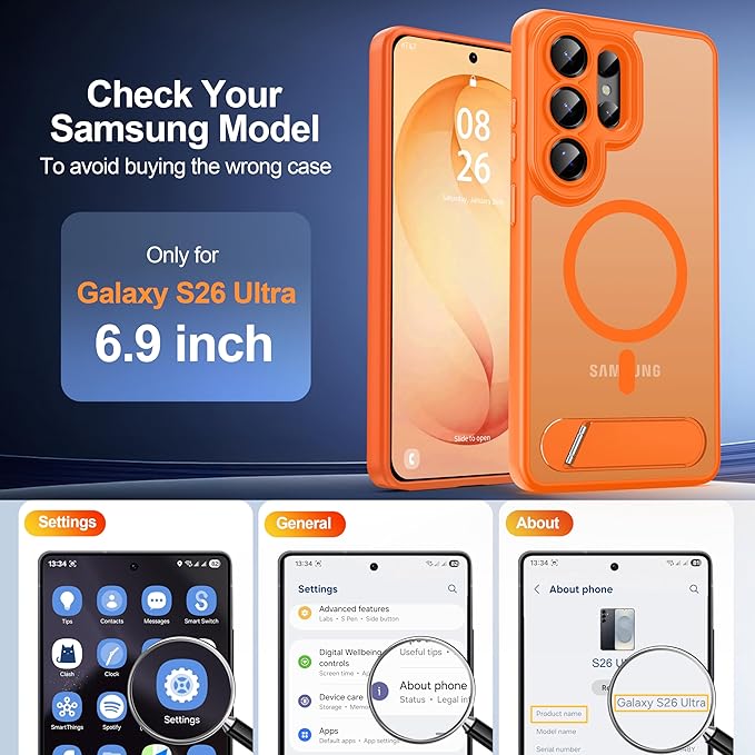 Magnetic for Samsung Galaxy S26 Ultra Case, [Compatible with MagSafe][Full Camera Protection][Built-in Invisible Kickstand] Translucent Matte Phone Case for S26 Ultra 6.9" - Orange