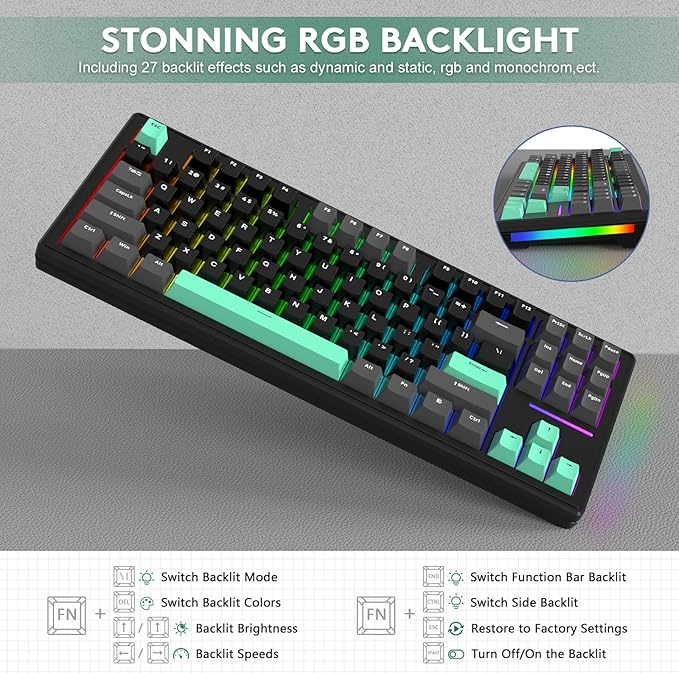 FELICON Attack Shark M87 80% Wireless Mechanical Gaming Keyboard, Tri-Mode (Bluetooth/2.4GHz/USB-C), RGB Backlit, Hot-Swappable PBT Keycaps – Black