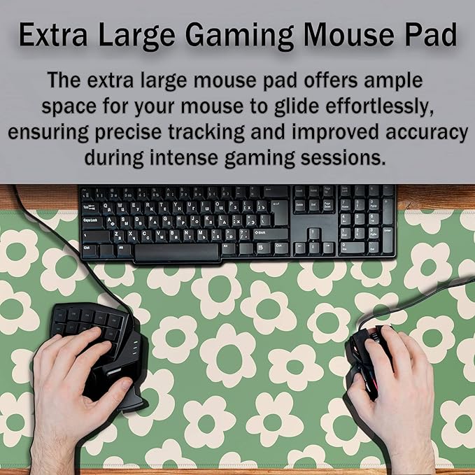 Keyboard Mouse Pad Green, Office Big Desk Pads Desk Decor for Girls Gaming Mouse Pads, Long Gaming Mouse Pad Non-Slip Rubber Base, 35.4 X 15.7 inch for Work/Game/Office/Home Vintage Flowers