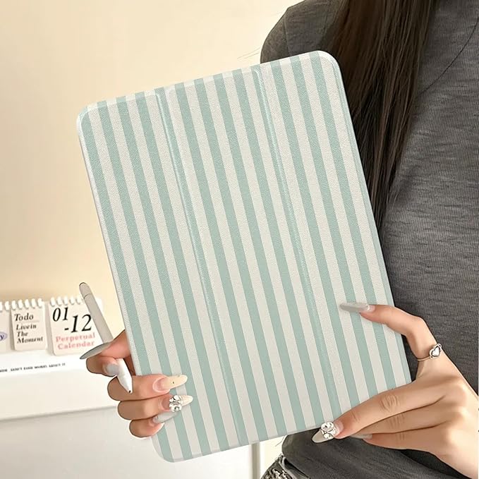 Lovmooful Compatible for iPad 5/6 (9.7-Inch,2018/2017 Model,6th/5th Generation) Case with Pencil Holder Cute Striped with Aesthetic Design Soft TPU Trifold Stand Protective-Green