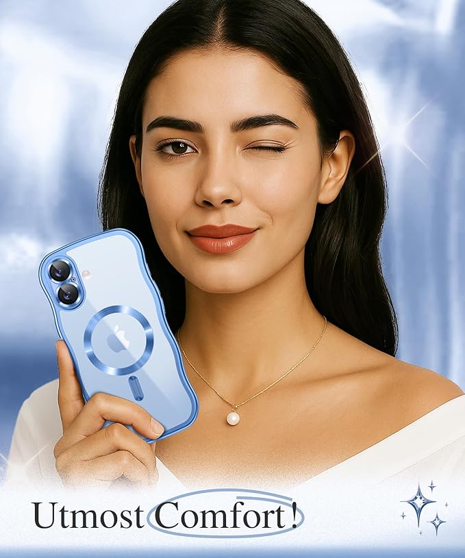 GVIEWIN for iPhone 17 Case Compatible with MagSafe, Upgraded [Full Camera Protection][Cute Wave Frame][Military Grade Protection] Electroplated Hard Phone Cover for Women Girl, Clear/Light Blue