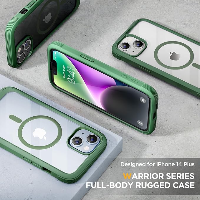 Miracase Glass Series Designed for iPhone 14 Plus Case 6.7 inch, 2023 Upgrade Full-Body Magnetic Clear Case with Built-in 9H Tempered Glass Screen Protector,Compatible with MagSafe,Green