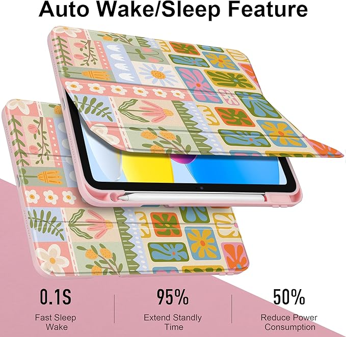Case for iPad Air 13 inch 2026 M4 2025 M3 2024 M2 Release Slim Lightweight Shockproof Cute Printed Cover with Clear Back TPU Edge Pencil Holder Trifold Stand Auto Wake Sleep, Flower Patchwork