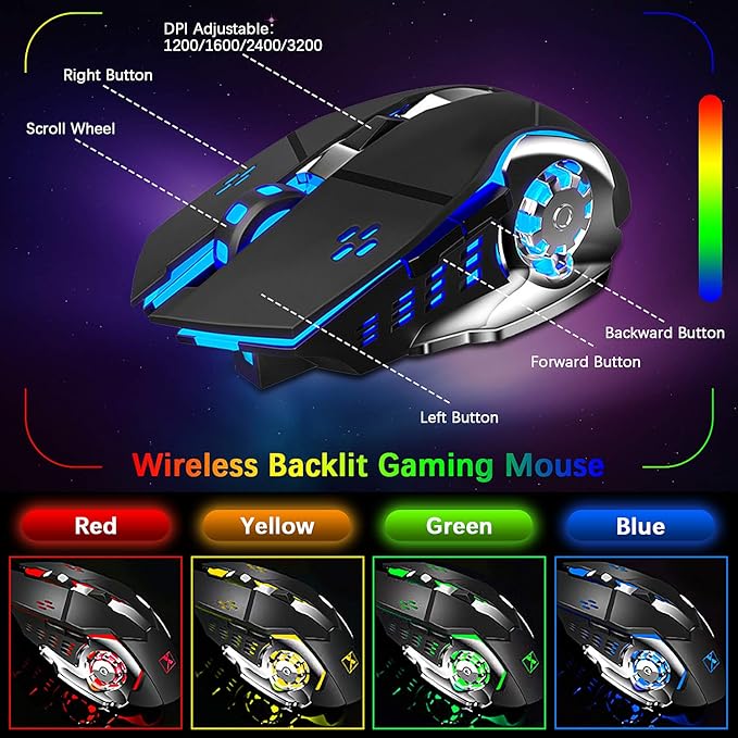Wireless Gaming Keyboard and Mouse,Rainbow Backlit Rechargeable Keyboard Mouse with 3800mAh Battery Metal Panel,Removable Hand Rest Mechanical Feel Keyboard and 7 Color Gaming Mute Mice for PC Gamers