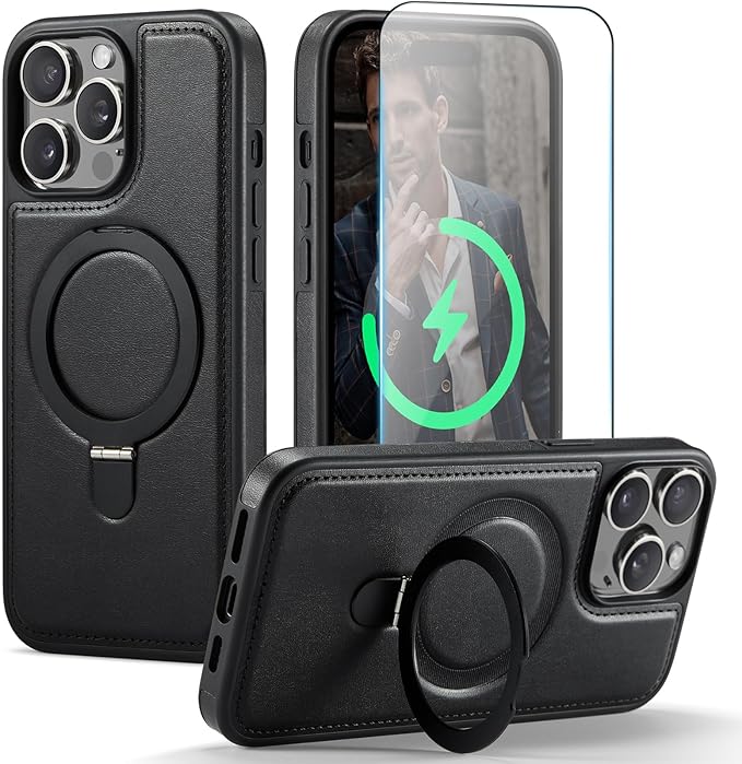 Compatible with iPhone 14 Pro Case with Stand, Compatible with MagSafe, Slim PU Leather & Durable TPU Protective Cover Drop-Proof with Tempered Glass Screen Protector 6.1", Black