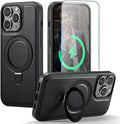 Compatible with iPhone 14 Pro Max Case with Stand, Compatible with MagSafe, Slim PU Leather & Durable TPU Protective Cover Drop-Proof with Tempered Glass Screen Protector 6.7", Black