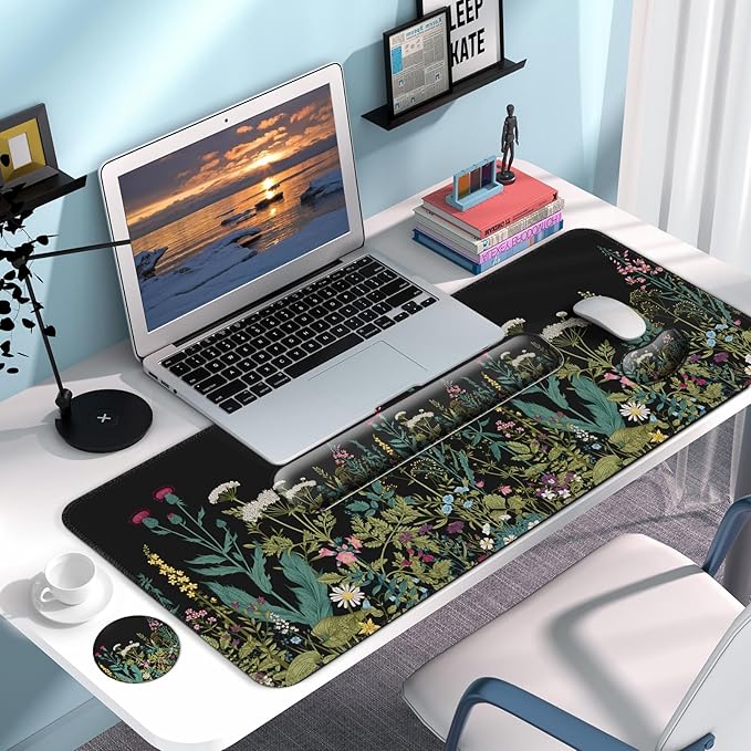 Keyboard Wrist Rest + Mouse Pad with Wrist Support + Desk Mat + Coaster 4 in 1 Set, XXL Large Gaming Mousepad Cute Ergonomic Mouse Pads for Desk Computer Laptop Office Decor-Little Flowers