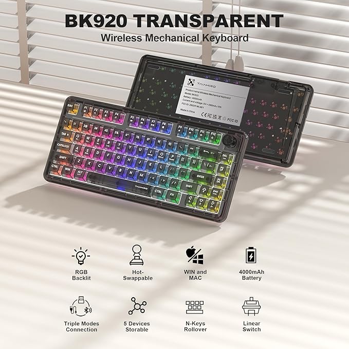 Transparent Mechanical Keyboard, 80-Key RGB Backlit Wireless Gaming Keyboards, Hot Swap Customizable Clear Acrylic Design, Quiet Linear Switches, 3 Modes BT5.0/2.4G/USB-C 4000mAh Battery (Black)
