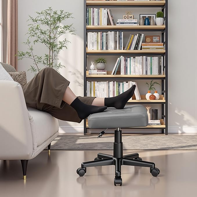 VECELO Under Desk Footrest, PU Ergonomic Foot Rest with Wheels, Comfort Padding, Height Adjustable for Relieving Leg Pain, Stiffness, and etc, Gray