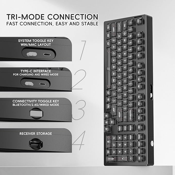 kutethy KY98 Wireless Mechanical Keyboard with Transparent Keycaps,Full Aluminum CNC,Hot-swappable,Pre-lubed Linear Switches,Gasket Structure,RGB Backlit,OLED Screen,BT5.0/2.4G/USB-C Wired (Black)