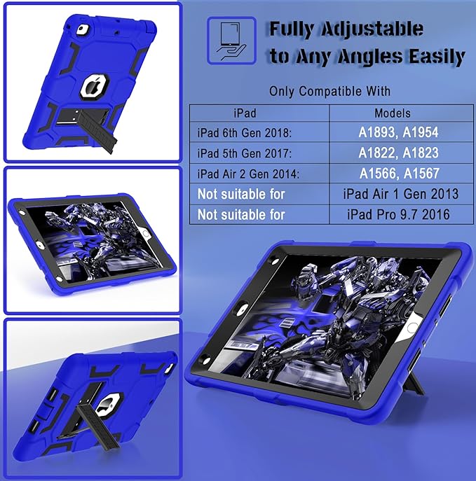CCMAO iPad 6th Generation Cases, iPad 5th Generation Case, iPad 9.7 Case, iPad Air 2 Case, Hybrid Shockproof Rugged Drop Protection Case Built with Kickstand, Dark Blue+Black