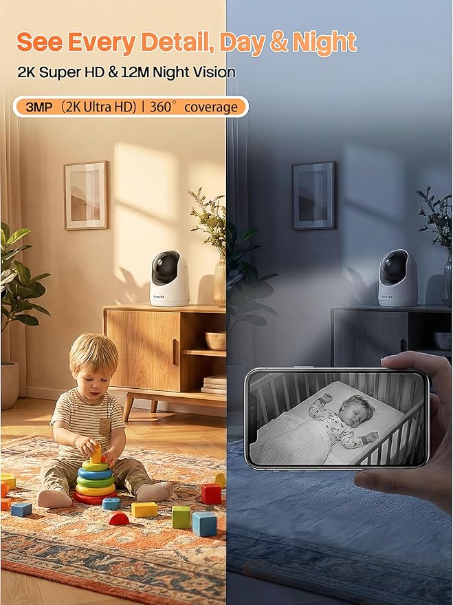 Tenda 2K Indoor Security Camera for Baby Monitor, WiFi 6 Pet/Dog Camera for Home Security, 360° Pan/Tilt, 2-Way Audio, Motion Detection, Night Vision, 24/7 Cloud & SD Card Storage(CP3-V3.0)