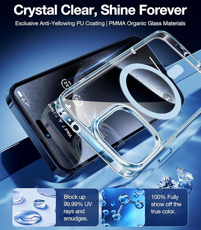 TORRAS Magnetic Shockproof for iPhone 15 Pro Case, [Military-Grade Drop Tested] [Compatible with MagSafe] Translucent Slim Protective Anti-Scratch Anti-Fingerprint Guardian 2023, Clear Blue