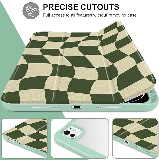 TWOLSKOO Case for iPad Pro 11-inch (M5 2025 / M4 2024), Clear Acrylic Back with TPU Bumper, Pencil Holder, Trifold Stand, Auto Sleep/Wake, Green Wavy Checker