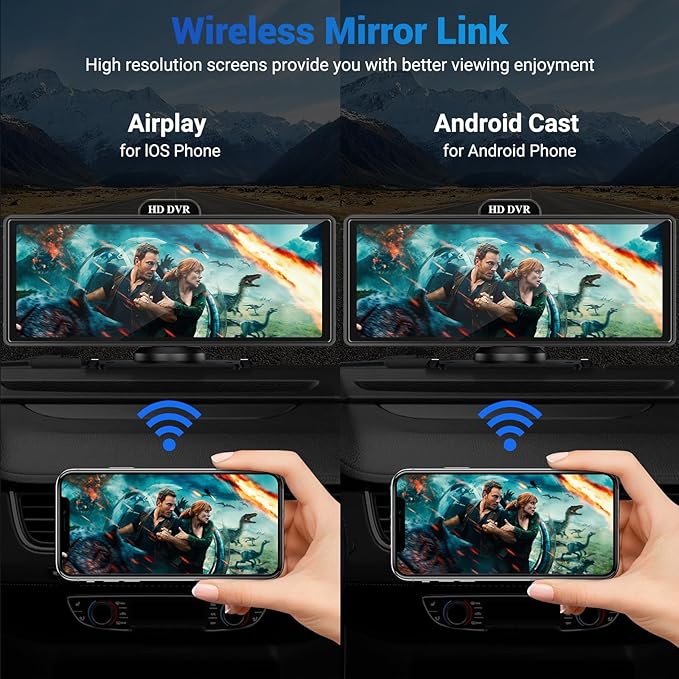 Wireless Apple Carplay Screen for Car with 4K Dash Cam, 10.26" Portable Apple Carplay & Android Auto, HD Touchscren with 1080p Backup Camera, Voice Control/Mirror Link/GPS/BT/FM