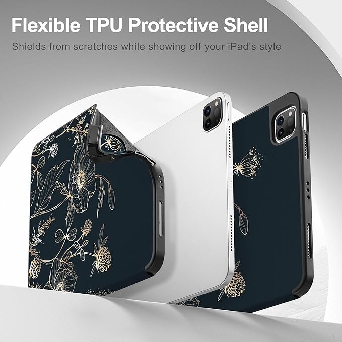 May Chen Case for iPad Pro 11 inch (4th, 3rd, 2nd & 1st Gen) 2022 2021 2020 2018, Trifold Stand + Pencil Holder + Auto Wake/Sleep + Soft TPU Protective Stand Back Cover, Abstract Floral