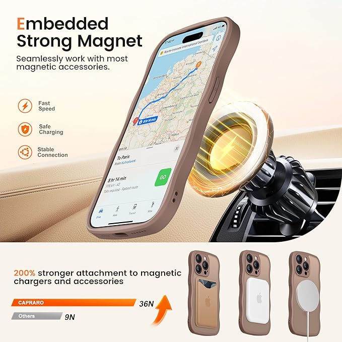 CAPRARO for iPhone 14 Pro Case with 360° Spin Magnetic Stand for Women, [Compatible with MagSafe] [Full Camera Protection] Cute Wave Translucent Matte Case for iPhone 14 Pro,Brown