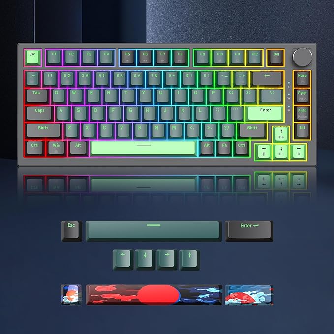 Owpkeenthy 75 Percent Gaming Keyboard Gasket Mounted with Knob, Wired 82 Key Mechanical Keyboard Hot Swappable Linear Red Switch RGB Backlit for PC Laptop (82 Wave)