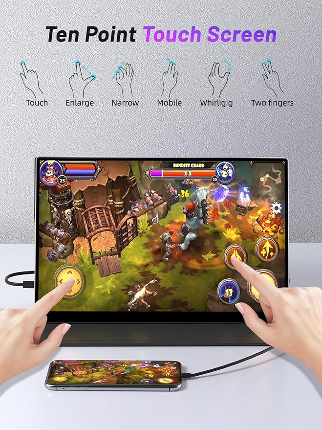 Portable Monitor Touchscreen 15.6 Inch, FHD 1080P IPS 10-Point Touch Screen Monitor, HDMI USB C Second External Monitor for Laptop PC Game Consoles, Built-in Speaker with Protective Case