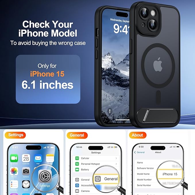 Magnetic Compatible with iPhone 15 Case, [Built-in Invisible Kickstand][Compatible with MagSafe][Full Camera Protection] Translucent Matte Phone Case for iPhone 15 6.1" Black