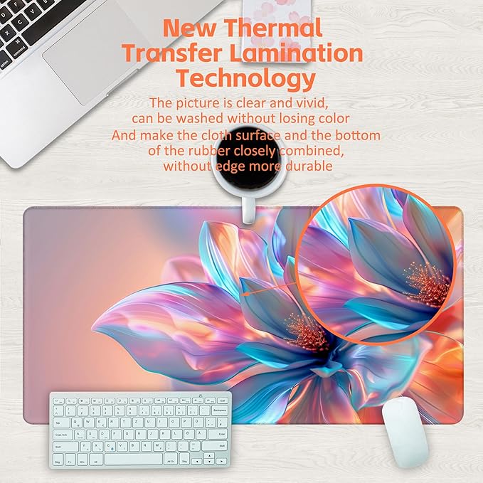 Large Gaming Mouse Pad, Elegant Luxury Colorful Flowers Desk Mat, Holographic Hues Abstract Bloom Desk Pad, 31.5"x15.7" Extended Big Mouse Pad with Non-Slip Base and Stitched Edge