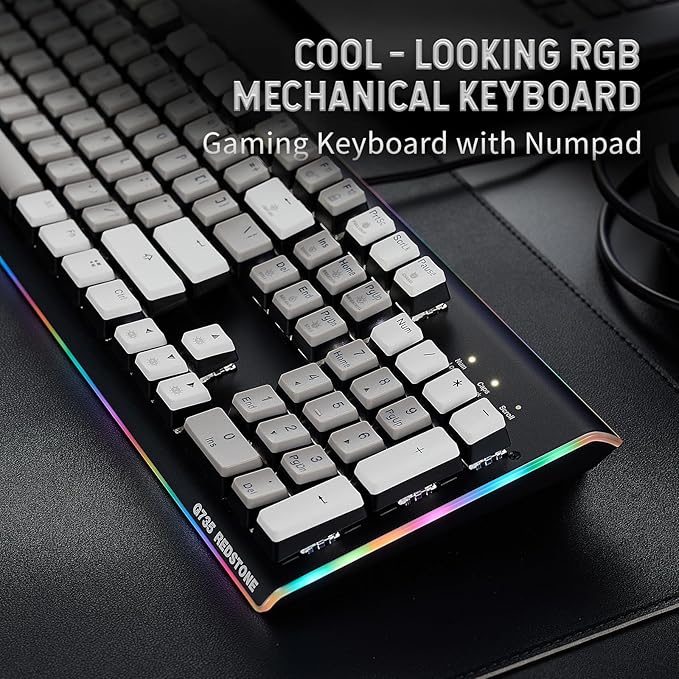 Hexgears GK735 Wired Full Size Mechanical Keyboard, Aluminum Housing Built for Gamers w/Kailh Box White Switch, White Backlit + Surrounded by RGB Light Strip, 104 Keys Gaming Keyboard for PC/Mac