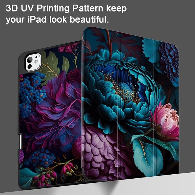 MEEgoodo Case for M5 iPad Pro 11 inch 2025/M4 iPad Pro 11 inch Case 2024, Tablet Cover with Trifold Stand & Pencil Holder & Auto Wake/Sleep & Soft TPU Back Cover, Beautiful Fantasy Flower