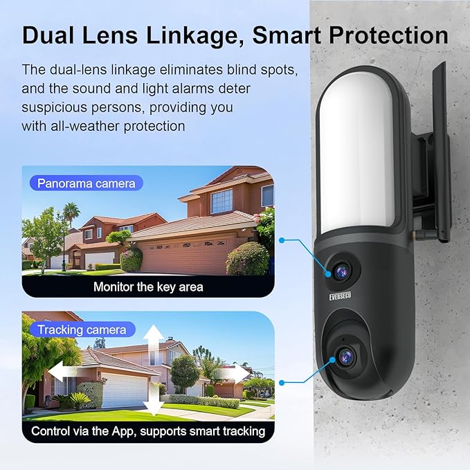 EVERSECU Dual Lens Waterproof Wall Light Camera, 3K Video, 1200LM Floodlight, 2 Way Audio, PTZ Auto Tracking, Support ONVIF & RTSP & Alexa, Cloud/SD Storage, Outdoor Wired WiFi Security Camera