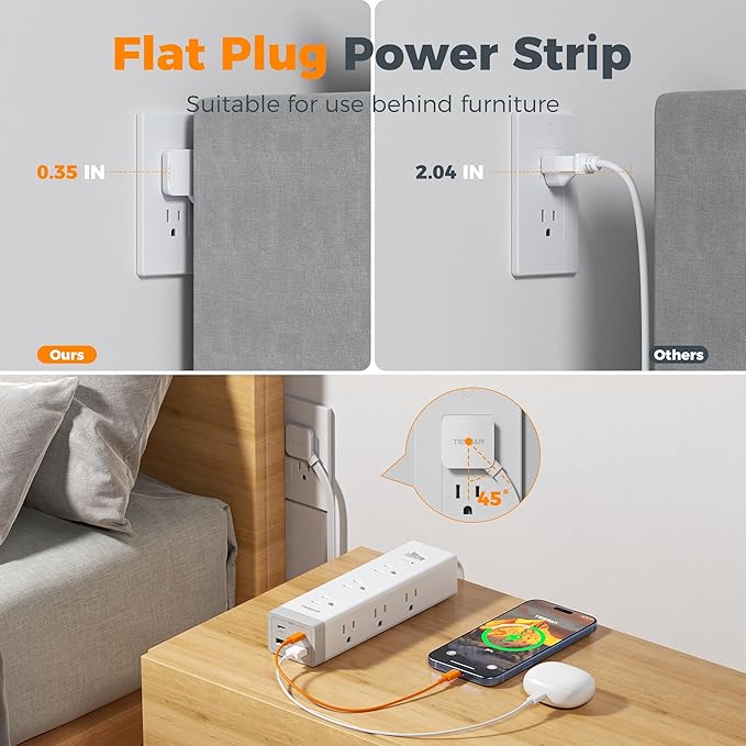 TESSAN Surge Protector Power Strip PD 20W, Ultra Thin Flat Plug 10 FT Extension Cord, 9 Outlets 4 USB(2 USB C), 1050J Protection Multiple Outlets Charging Station for Home, Office, College Dorm Room