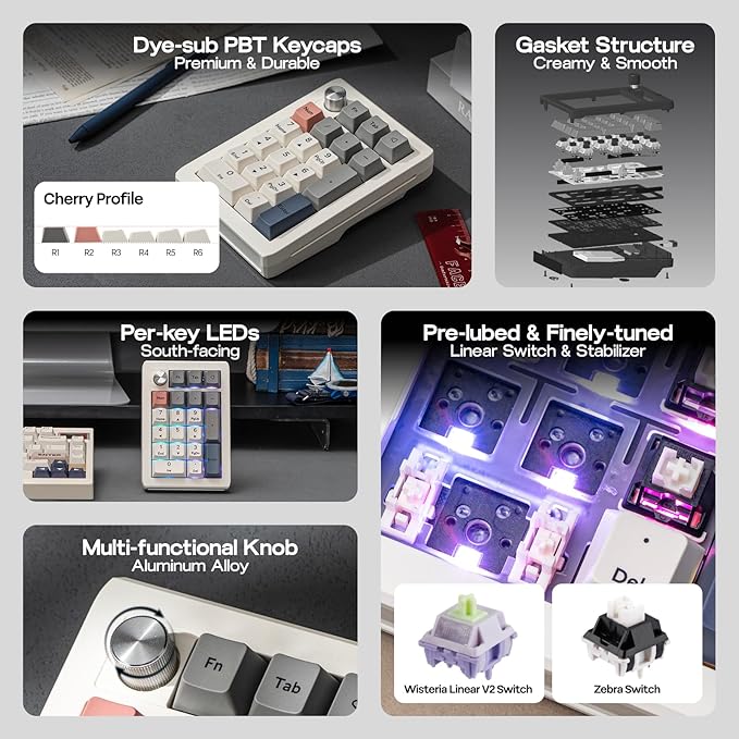 EPOMAKER EK21 VIA Gasket Number Pad with 1000mAh Battery, BT 5.0/2.4GHz/Wired Hot-Swap Numpad with Aluminum Alloy knob, Programmable for Win/Mac/Gaming (Retro White, Wisteria V2 Switch)