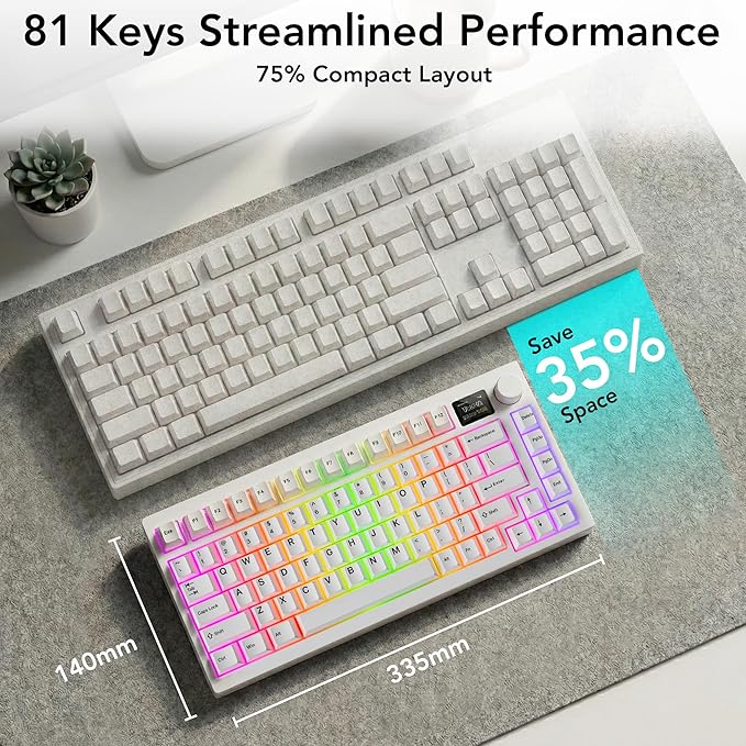 TECWARE Spectre 75 Mechanical Gaming Keyboard | Customizable LCD Screen Display & Knob | Tri-Mode Wireless Bluetooth 2.4GHz | Gasket Mount Hot Swappable | White Candy Red Linear Switches