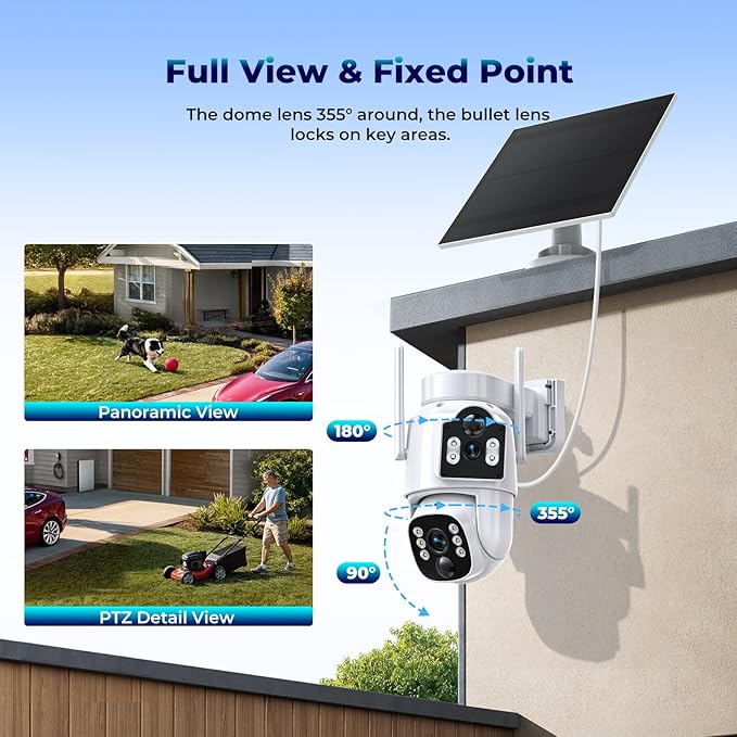 Camcamp Solar Security Cameras Wireless Outdoor,Dual-Lens Solar Camera System for Home Security, 4 Cameras (8 Screen), 10CH NVR with 500GB HDD, 360°PTZ, No Monthly Fee, Color Night Vision