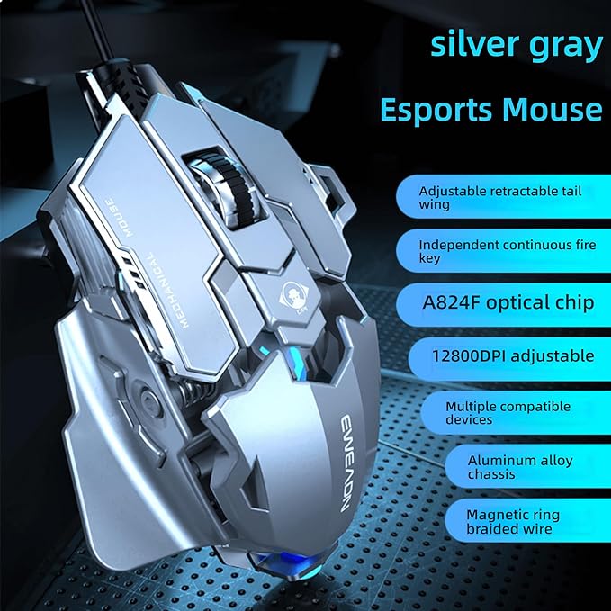 Professional Gaming Mouse, 12800 DPI Optical Sensor, RGB Lighting, Aluminum Chassis, Silver Gray, with Macro Programming and Retractable Wing