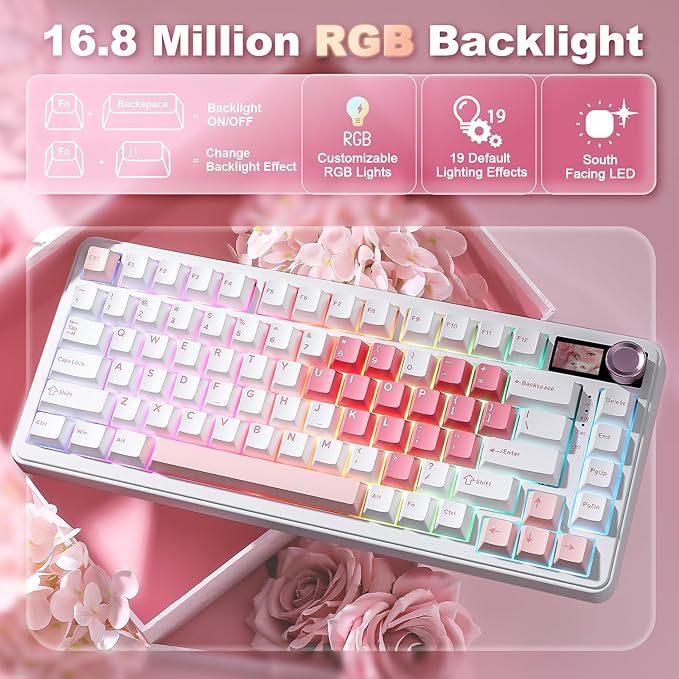 YUNZII B75 PRO MAX QMK/VIA Wireless Mechanical Keyboard,75% Layout with Screen and Knob,Hot Swap Gasket,Creamy Pre-lubed Switches,Bluetooth/Type-C/2.4G for Win/Mac(White Heart,Cocoa Cream V2 Switch)
