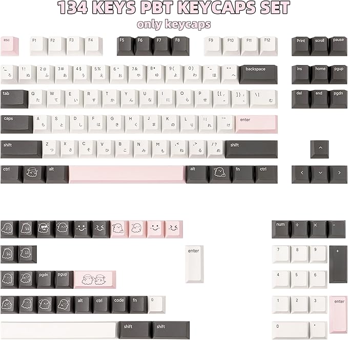 134keys Custom PBT Keycaps - Minimalist Style Black White Keycap Cherry Profile Dye Sub - Cute Japanese Keycaps Set for 60% 65% 75% 100% Percent Cherry MX Mechanical Keyboard