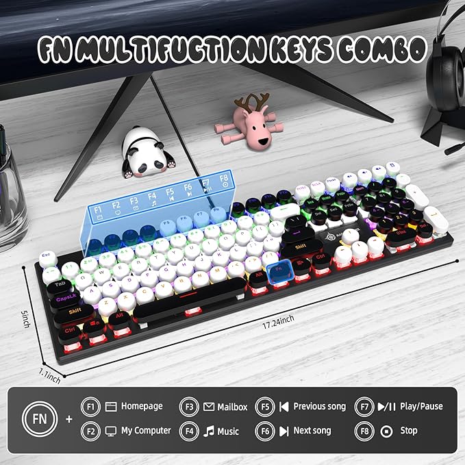 Typewriter Style Retro Wired Mechanical Gaming Keyboard,Vintage Steampunk Keyboard with Rainbow Backlit,104-Key Red Switch Cute Keyboard with Number Pad,Round Keycaps Computer Keyboard for Win/Mac