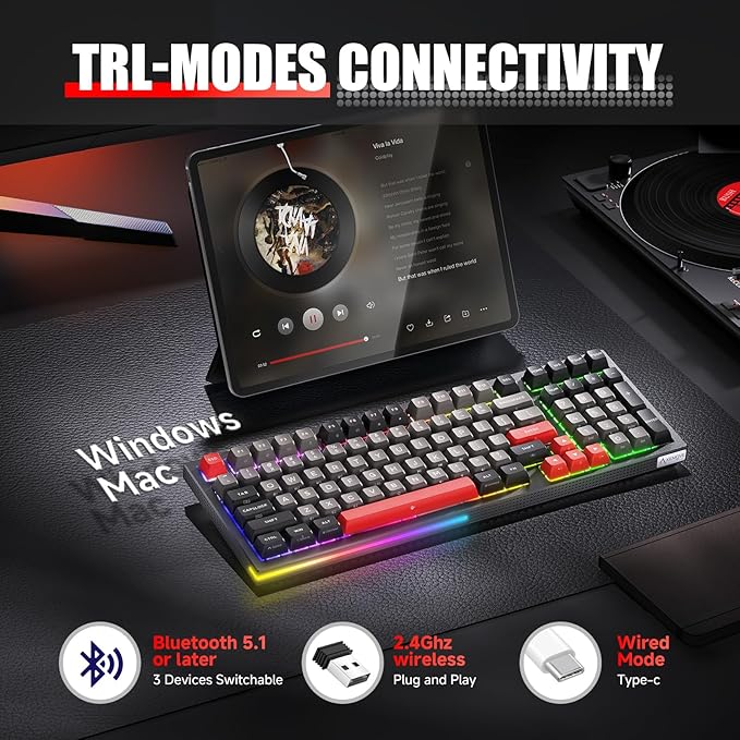 KEMOVE K98 Wireless Gaming Mechanical Keyboard with BT5.0/2.4G/Type-C,RGB Backlight,98 Keys Hot-Swappable,4000mAh Massive Battery,Software Support,Diamond Silence Red Switch