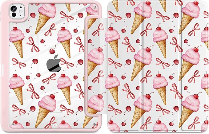 TWOLSKOO Case for iPad Pro 11-inch (M5 2025 / M4 2024), Clear Acrylic Back with TPU Bumper, Pencil Holder, Trifold Stand, Auto Sleep/Wake, Ice Cream & Bows
