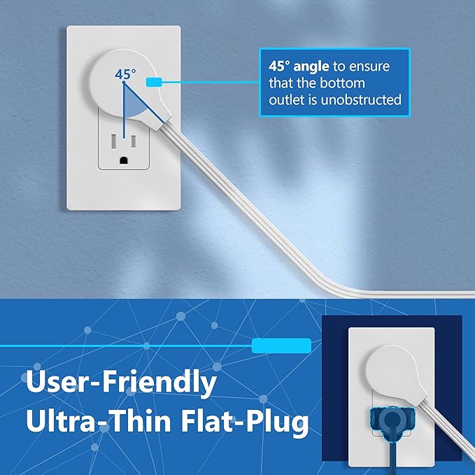 LIDER Outlet Extender with 3 Receptacles, USB Type-A and 2 USB Type-C Port, Ultra-Thin Flat-Plug with Cord Extender, 3-Outlet Power Strip, Slim Angled Design, UL-Listed, 5ft Cord, White