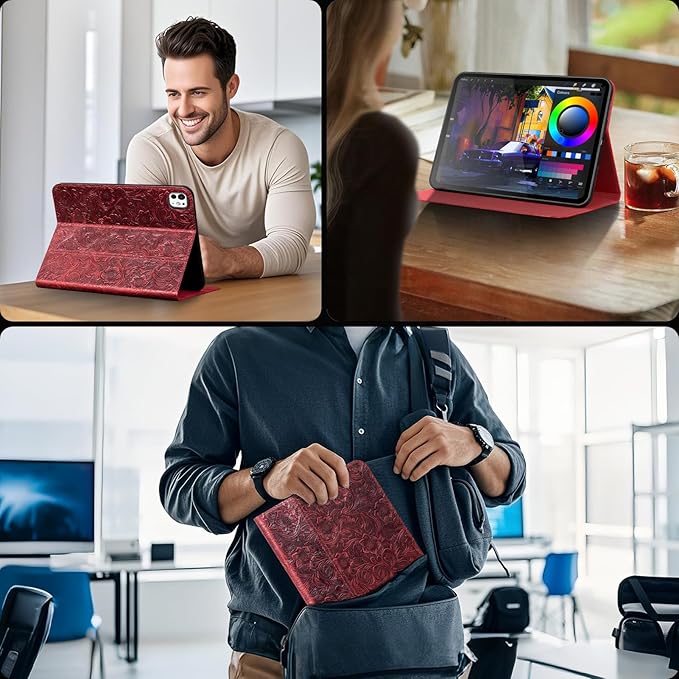 Gexmil Case for iPad Pro 11 Inch,4th/3rd/2nd/1st Generation(2022/2021/2020/2018) Genuine Leather Cover Anti Fingerprint,Cowhide Folio Cover Auto Sleep/Wake with Adjustable Stand,Floral Red