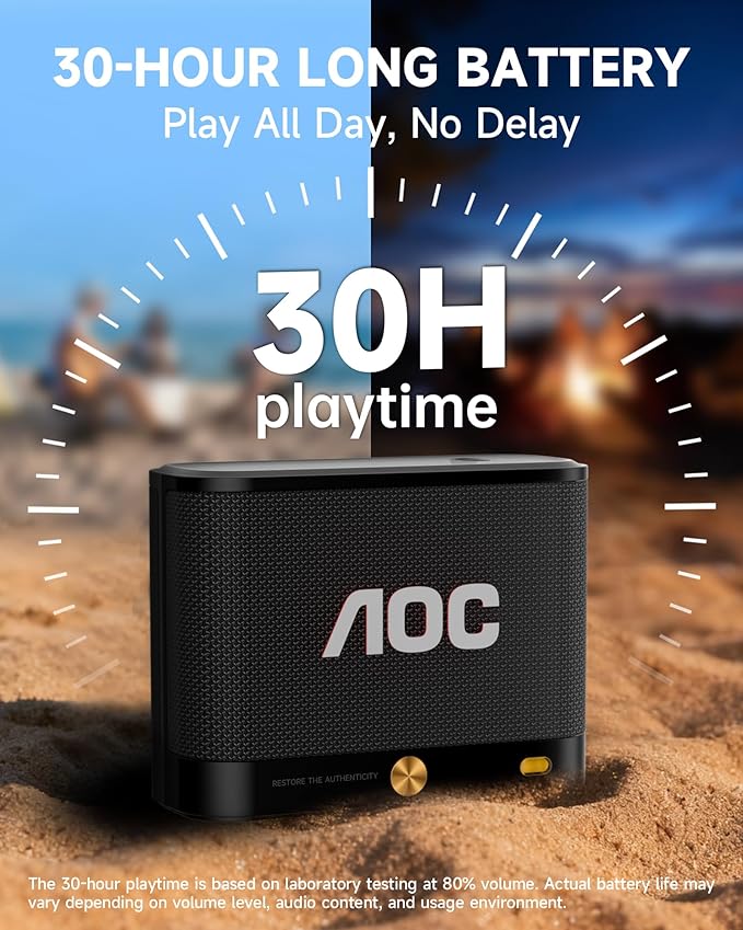 AOC Portable Bluetooth Speaker, Shower Speaker, BT 5.4 with Wireless Stereo Pairing, BassUp, IP65 Waterproof, Dustproof, 30-Hour Playtime, Compact Small for Home, Outdoors, Travel, Black
