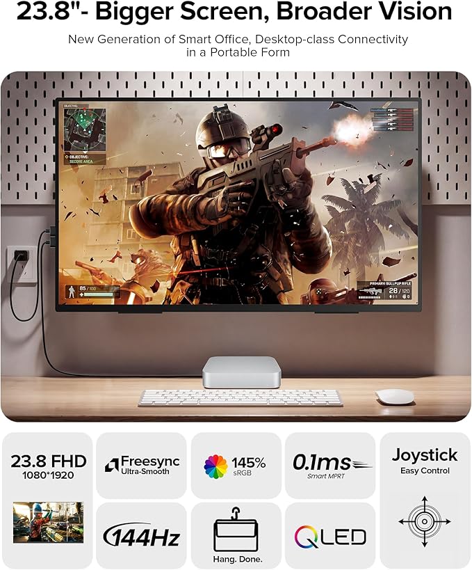 Portable Monitor 24” 144Hz 1080P, 145% sRGB QLED Gaming Monitor, 0.1MS FreeSync, 450Nits Laptop Monitor, USB-C & HDMI, VESA & Stand, Large Second Screen for Laptop, Computer, Mini PC, Game Consoles