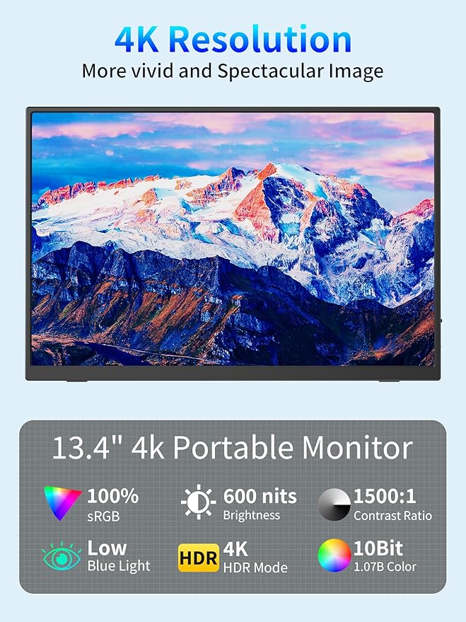 MAGICRAVEN 4K Portable Monitor, 13.3" UHD IPS Laptop Screen, Slim Lightweight Dual USB C HDMI Computer Gaming Display with Speakers, Travel Monitor for PC Phone PS5/4 Xbox Switch