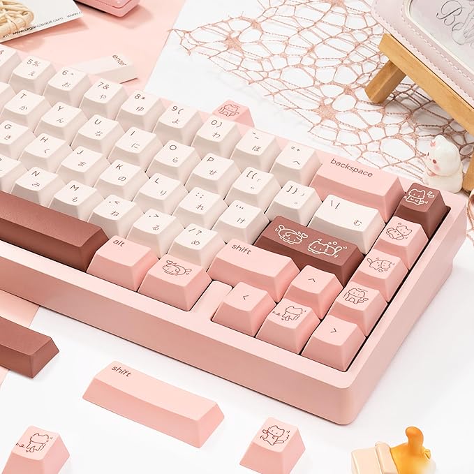 Cute Marshmallow Keycaps 134keys - PBT Cherry Profile Japanese Keycap - Five-Side Dye-Sublimation Pink & Off-White Keycaps Set Compatible with 60% 65% 75% TKL 104/108 Mechanical Keyboards